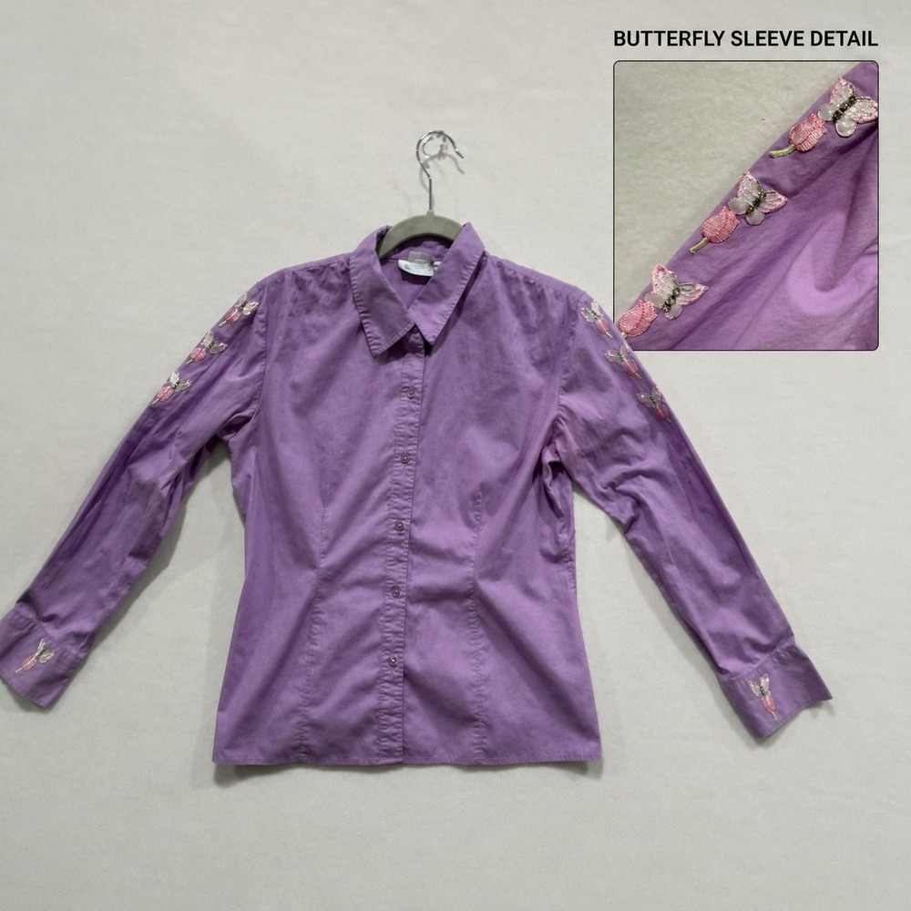 Purple Tulip Butterfly Button Up Shirt Y2K Women's Fairycore Grandmacore Cotton